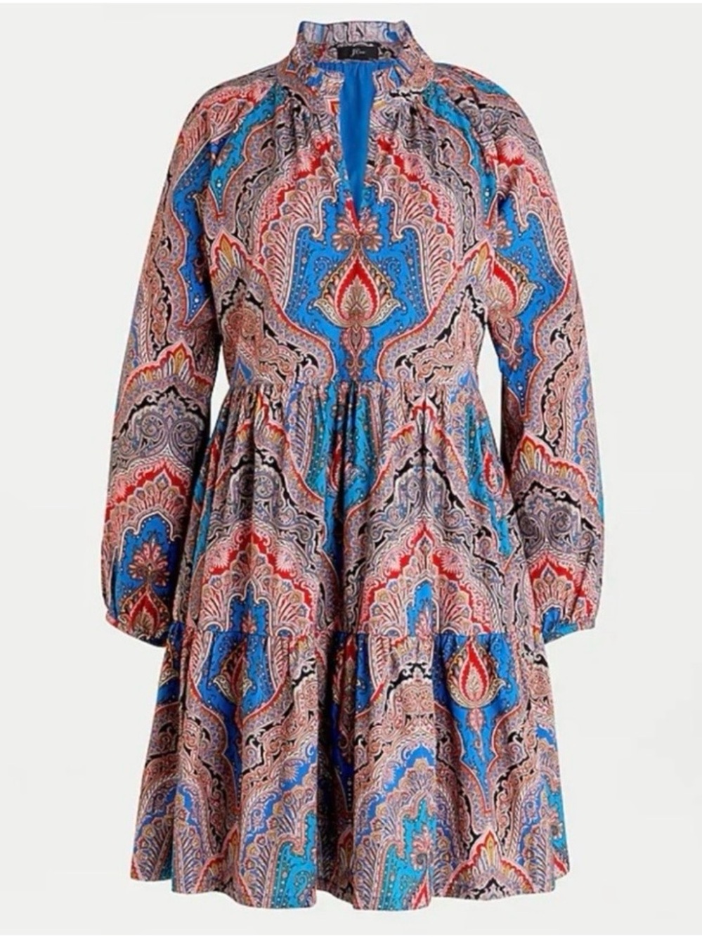 J. Crew Long-Sleeve Paisley Tiered Dress - Blue & Red